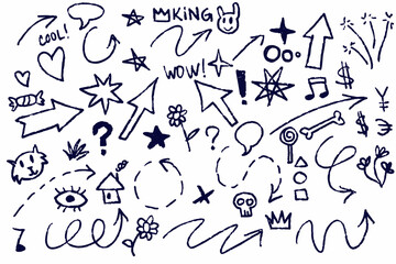 Hand drawn doodles, sketch style vector set with arrows, stars, and fun icons, perfect for creative projects. Whimsical ink illustrations include hearts, crowns, and symbols, ideal for playful designs