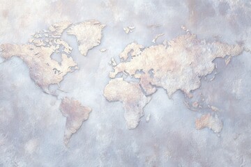 A textured map of the world is displayed on a light-toned surface. The continents are lightly outlined in muted tones, creating a soft but clear representation of global geography.