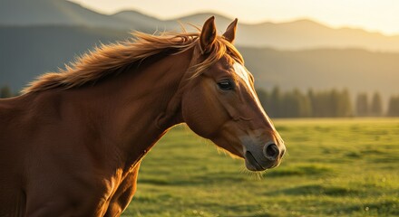 Obraz premium Brown horse in a green field with a white stripe on its face and a mountain backdrop bathed in golden light