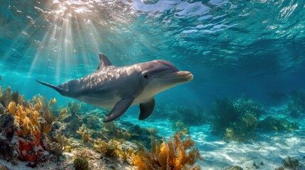 Fototapeta premium A dolphin swims gracefully through crystal clear waters, surrounded by colorful coral reefs and marine plants. Sunlight filters down, illuminating the scene beautifully.