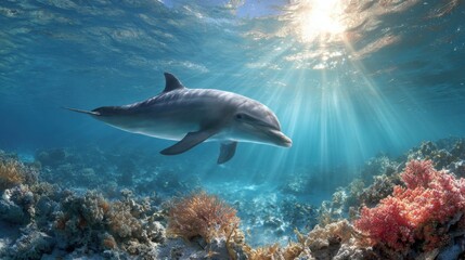 Obraz premium In a clear ocean, a dolphin glides effortlessly near a colorful coral reef. Sunlight filters through the water, illuminating the vibrant ecosystem and showcasing its beauty.