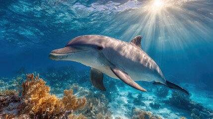 Fototapeta premium A dolphin swims effortlessly through clear blue waters, surrounded by colorful coral reefs. Sunlight streams down, illuminating the underwater scene and highlighting marine life.