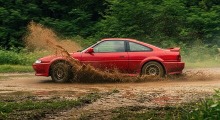Red sports car splashing through muddy water on a dirt road