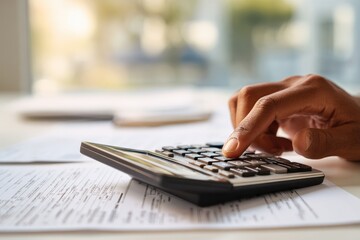 Person using calculator to calculate finances while sitting at a desk in a bright office environment