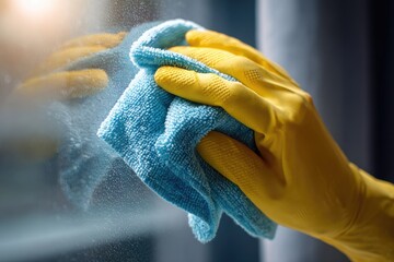 Cleaning glass with a blue cloth and yellow glove in a bright indoor setting