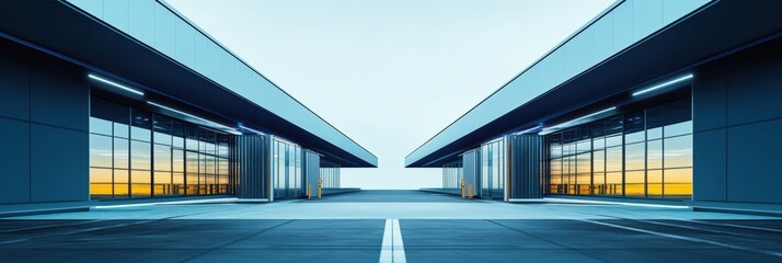 Modern architectural design featuring two buildings with large glass windows at sunset creating a striking visual effect in an urban landscape