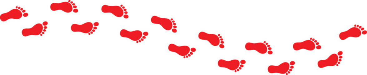 Red footprints, walking path, curved trail, motion symbol, travel direction, pedestrian steps, white background, vector, silhouette, journey, movement, playful walk