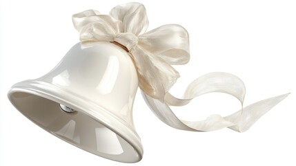 A ceramic bell, adorned with a soft ribbon, is displayed against a plain background. This decorative piece is ideal for celebrations, adding a touch of elegance to any occasion.