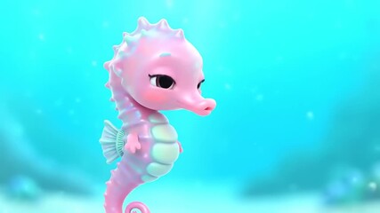Cute Pink Animated Seahorse Blinking Underwater in a Whimsical Cartoon Style with Bright Blue Background, Adorable Marine Life Animation for Kids - Powered by Adobe
