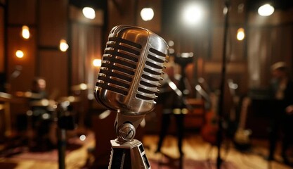 vintage microphone capturing audio, surrounded by blurred figures and warm lighting, evoking the atmosphere of a professional recording studio