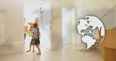 Family pushing door opening foyer, exploring new home while globe overlay emphasizing real estate