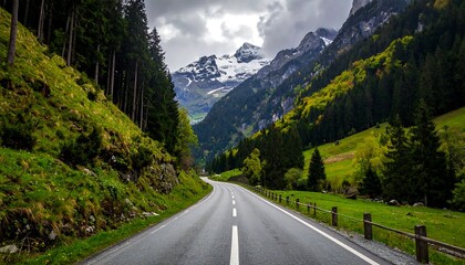 Naklejka premium A paved road winds through a verdant valley nestled beneath towering snow-capped mountains, painted in shades of green, brown, and white.
