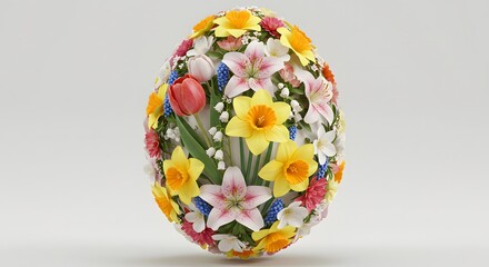 Floral Easter Egg: A vibrant, egg-shaped arrangement composed of an assortment of meticulously arranged, colorful spring blooms, is a visual celebration of life and renewal.