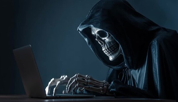 Grim Reaper of Death finding victim online, Internet scam cybercrime fraud, illegal criminal activity on laptop, spam, Halloween 

cosplay costume, black hooded cape, skull face mask, skeleton gloves
