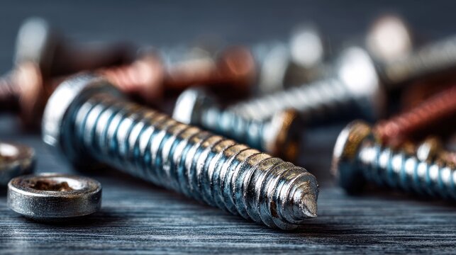 Closeup of a focused metric screw with blurred assortment of screws and nails in background highlighting precise threading and smooth metal finish.