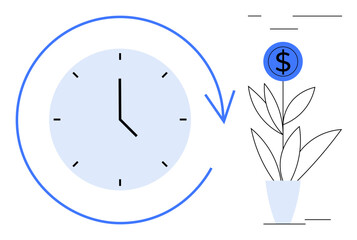 Clock with arrow circling, plant sprouting dollar symbol in blue pot. Ideal for time management, investment, saving, financial planning, growth, productivity, simple flat metaphor
