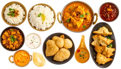 Assorted Indian dishes on white background