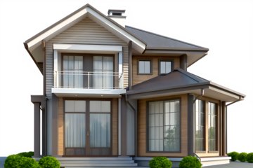 Modern two story house with balcony and large windows isolated on a transparent background