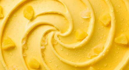 Swirling Mango Bliss: A close-up photograph captures a decadent swirl of mango ice cream. Garnished with perfectly cut pieces of real mango