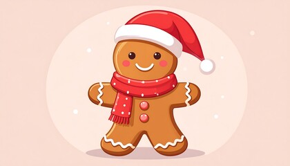Cute gingerbread man in a Santa hat and scarf