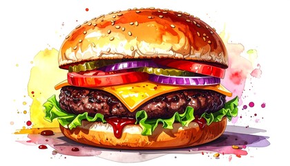 A delicious cheeseburger, rendered with vibrant watercolor style, features a juicy patty, melted cheese, and fresh toppings, presented on a white backdrop.
