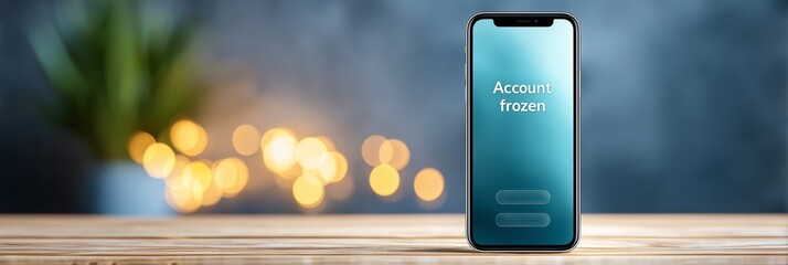 Smartphone on wooden table displaying “Account frozen” message with blurred background lights and copy space on the left, symbolizing digital banking crisis, financial restriction or frozen access