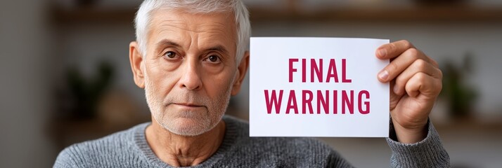 Serious elderly man holding a paper with bold red text “FINAL WARNING”, standing in softly lit interior with blurred background, symbolizing debt, financial trouble, overdue payment in crisis context