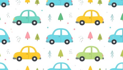 A playful, repeating pattern of colorful cars, charming trees, and simple designs, creating a cheerful and whimsical visual theme.