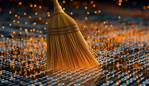 Broom sweeps digital data, cleaning floor with binary code. Concept of tech cleanup, system maintenance, and virus removal in cyberspace. Bright sparks suggest innovation and data security solutions