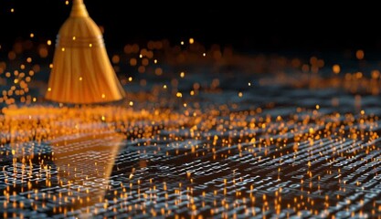 Broom sweeps digital data, cleaning floor with binary code. Concept of tech cleanup, system maintenance, and virus removal in cyberspace. Bright sparks suggest innovation and data security solutions