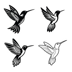 Black Silhouette Hummingbird in Flight with Detailed Wings and Tail black and white flying