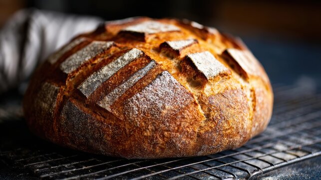 Artisan sourdough bread freshly baked with a golden crust cooling on a metal rack perfect for healthy eating lifestyle and culinary creations