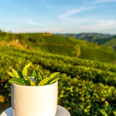 Fresh tea leaves in a white cup, overlooking a tea plantation