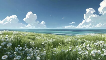 Serene coastal meadow with white flowers