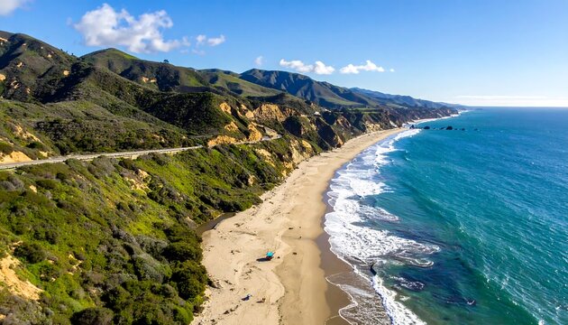 High-angle view of a scenic coastal landscape, featuring a sandy beach, rolling hills, a highway, and a vibrant blue ocean. - Powered by Adobe
