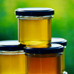 Stack of clear glass jars filled with golden honey, sealed with black lids, displayed on a table. The rich amber color highlights natural sweetness, purity, and artisanal beekeeping tradition.