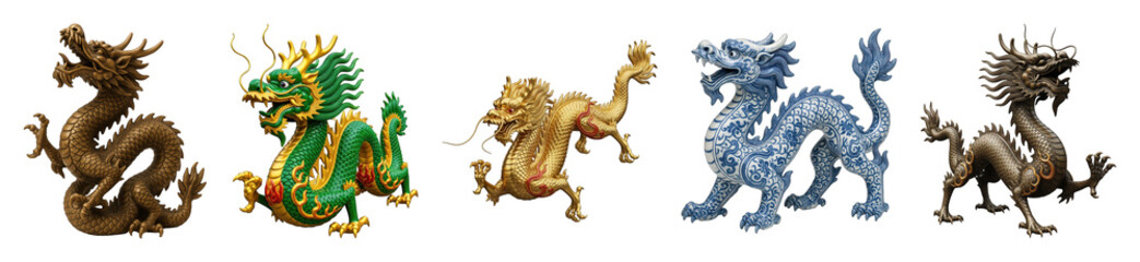 Obraz premium Chinese dragon set including bronze, green, gold, blue, and ornate patterned styles isolated. Cultural symbols and mythological creatures.