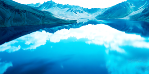 Mountain lake reflection of blue sky and clouds isolated on a transparent background