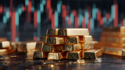 Stack of shining gold bars in focus, with a blurred financial market candlestick chart in the background, representing investment, wealth, and global economic trends
