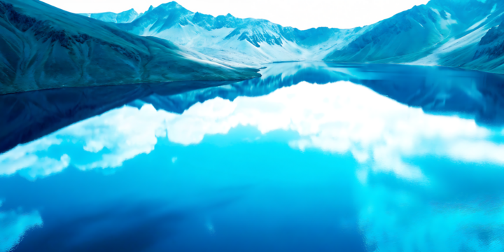 Mountain lake reflection of blue sky and clouds isolated on a transparent background