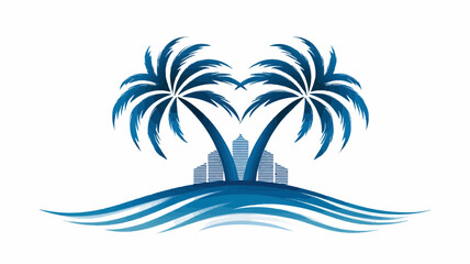 Obraz premium Two palm trees framing city buildings on a wave design in blue and white color scheme illustration