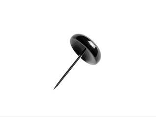 A single black pushpin with a rounded head and sharp point isolated on a white background surface view