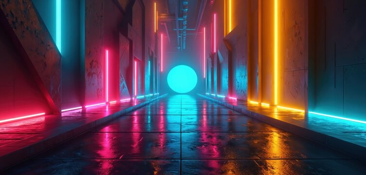 Abstract background with vibrant neon lights illuminating futuristic corridor. Glowing lines of blue, pink, orange create contrast against dark, textured walls, reflective floor. Central cyan orb