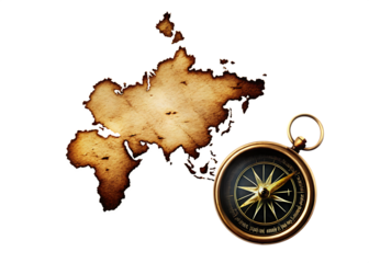 Old world map and brass compass on isolated on a transparent background old map vintage map