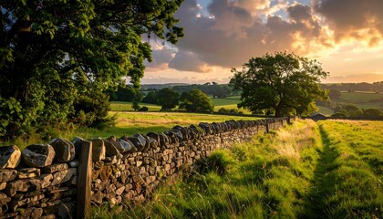 A picturesque rural landscape at sunset, featuring a stone wall, lush greenery, and rolling hills.