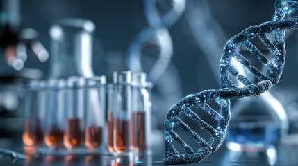 Discovering genetic secrets with glowing DNA helix and lab equipment in a modern science setting