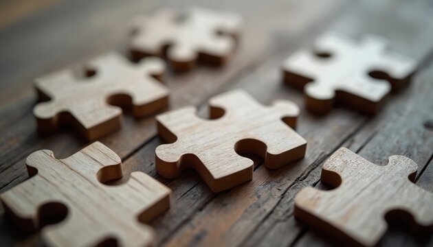 Wooden puzzle pieces scattered on rustic wooden surface suggest collaboration, teamwork, problem-solving. Image process of building something together, finding solutions, achieving shared goals