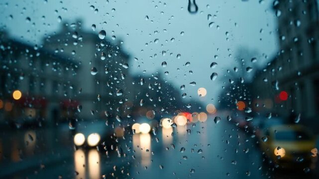 Close up of a glass with water drops while outside is raining. Drops of rain through glass.