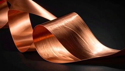 A lustrous copper ribbon, elegantly curved and exhibiting a brushed texture, rests against a dark background, highlighting its metallic sheen and smooth, flowing form