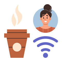 Hot coffee cup, wireless icon, and smiling woman avatar highlighting comfort, networking, remote work, communication, and digital lifestyle. Ideal for lifestyle, tech teamwork themes simple flat